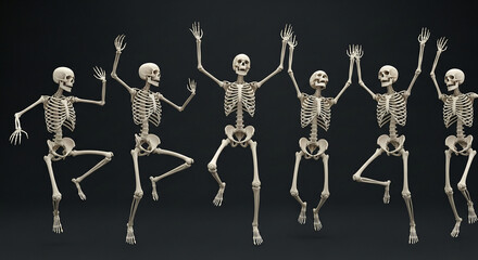 Multiple skeletons in dynamic poses against a dark background, showcasing movement and energy, representing life, death, or Halloween themes