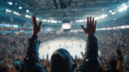 A crowd erupts in cheers as fans wave their arms showing enthusiasm for their team during an intense hockey game in a vibrant indoor arena setting.