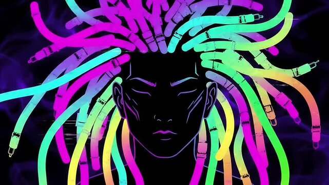 A silhouette of a human face with glowing cyber raver dreadlocks, illustrated in bold neon rainbow colors. The cyber dreadlocks flow outward like glowing cables or wires