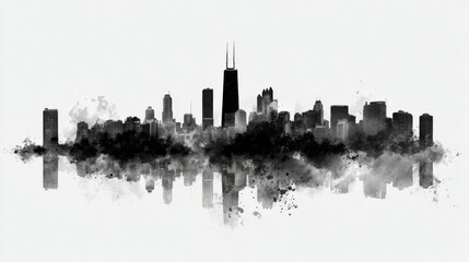 Naklejka premium A dramatic city skyline emerges as dusk sets in showcasing tall buildings and striking architectural designs beautifully mirrored in the still waters below.