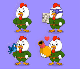 Obraz premium A collection of four cartoon illustrations of a chicken soldier in various poses, including holding a target, a bird, and a bomb.