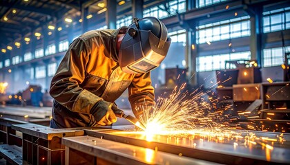 Welder at Work: Sparks Flying in Industrial Setting with Protective Gear