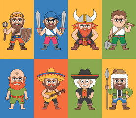 Cartoon characters in various costumes: caveman, pirate, viking, farmer, bald man, mariachi, cowboy, and hunter.