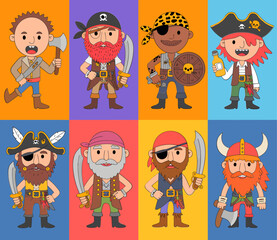 Colorful cartoon pirate characters in various poses and outfits.