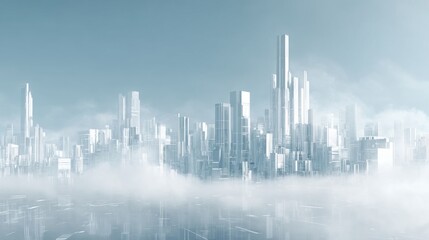 A sprawling city skyline features sleek tall skyscrapers reaching into a clear blue sky partially enveloped in soft white clouds. The scene conveys modernity and innovation.