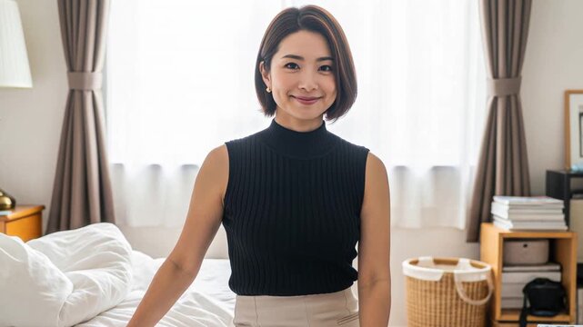 寝室のベッドに腰掛け、バッグを手に取るミニスカートの女性