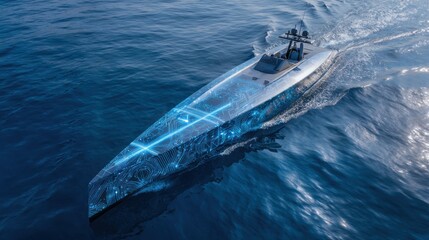 Naklejka premium A sleek speedboat navigates the calm clear blue ocean waters. Its futuristic design showcases glowing patterns highlighting advanced technology.