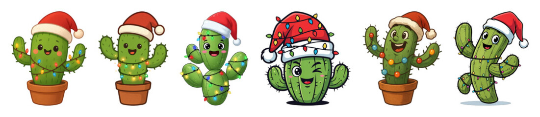 Fototapeta premium Christmas cactus set including various festive cacti wearing Santa hats and colorful lights isolated. Holiday season collection.