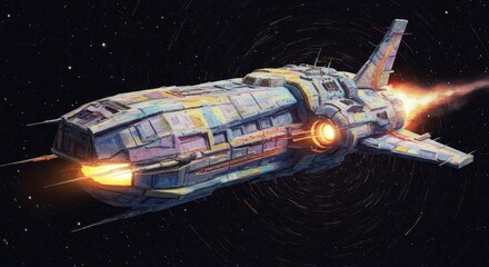 Fototapeta premium Spaceship with colorful panels flies with orangeyellow flames against a black starfilled background