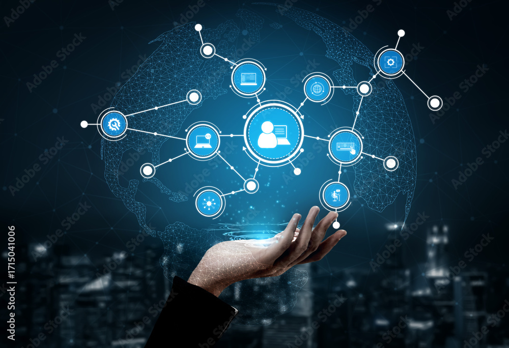 Poster a hand is holding digital icons representing global connectivity and communication, illustrating mod