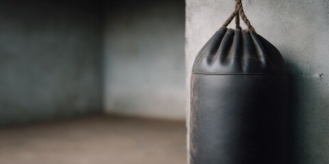 Black boxing bag is hanging on a wall