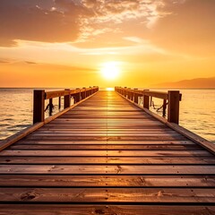 Fototapeta premium Wooden pier at golden sunset over calm sea