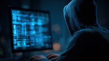 A person in a hoodie focuses on a computer screen displaying code and data in a dimly lit environment. The blue glow illuminates the surroundings creating a mysterious atmosphere.