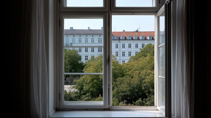Fototapeta premium Traditional Copenhagen apartment window overlooking peaceful tree-lined courtyard below.