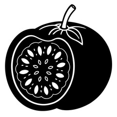 Black silhouette of a passion fruit cut in half showing seeds and pulp isolated on white background