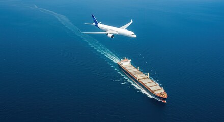 Airplane flying over a cargo ship at sea
