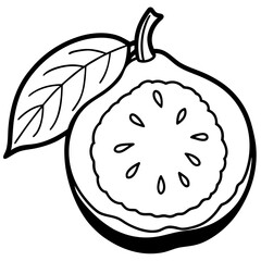 A simple black and white silhouette of a guava fruit cut in half with a leaf isolated on white background