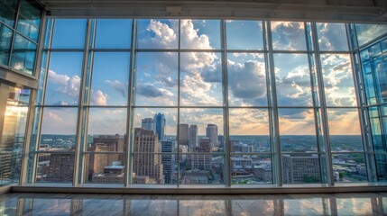 Bright city skyline is visible through large glass windows of a contemporary high rise. The dramatic clouds shift colors as the sun sets casting a warm glow over the urban landscape.