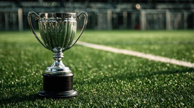 A shiny silver trophy stands on the vibrant green turf of a local sports field. The scene captures the spirit of competition and victory during a championship event.