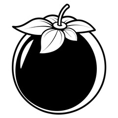 A simple black silhouette of a persimmon with green leaves and a stem isolated on white background