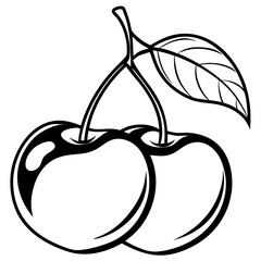 Stylized black and white silhouette of two cherries with a leaf isolated on white background