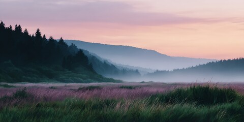 Fototapeta premium serene landscape with a purple sky and a misty, foggy atmosphere