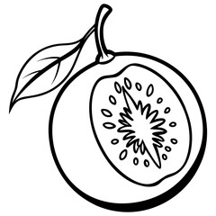 Stylized black and white silhouette of a sliced kiwi fruit with a leaf isolated on white background