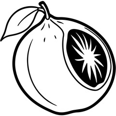 Stylized black and white silhouette of a halved orange with leaves isolated on white background