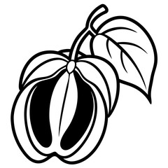 Stylized black and white illustration of a halved pumpkin with leaves isolated on white background silhouette