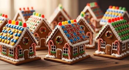  A charming village of homemade gingerbread houses, each one uniquely decorated with colorful candies, white frosting, and cheerful holiday details on a wooden surface.

