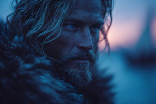 historical viking scene, a cinematic portrayal of viking explorer leif erikson on north american coast, in fur cloak and leather armor, with long blond hair and determined gaze, standing near a norse