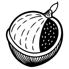 Stylized black and white illustration of a halved passion fruit silhouette isolated on white background