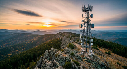 Obraz premium Cellular Tower on a Mountain Overlooking a Rustic Landscape