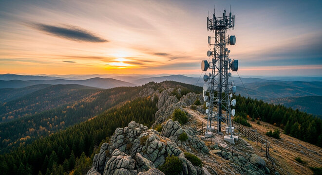 Cellular Tower on a Mountain Overlooking a Rustic Landscape