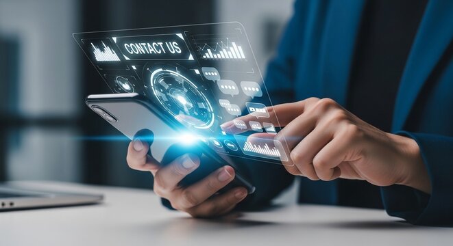 Modern professional interacting with futuristic digital interface on smartphone for seamless communication and data analysis