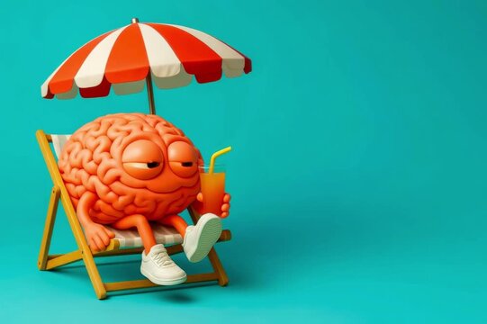 Cute 3D brain relaxing on a beach chair under umbrella with orange juice turquoise background, summer vacation vibe
