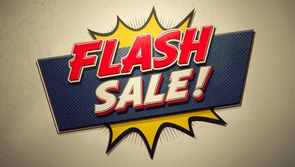 Retro comic book style flash sale sign with bold red and white text on a blue banner