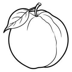 A simple black and white outline drawing of a peach with leaves and stem isolated on white background silhouette