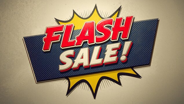 Retro comic book style flash sale sign with bold red and white text on a blue banner