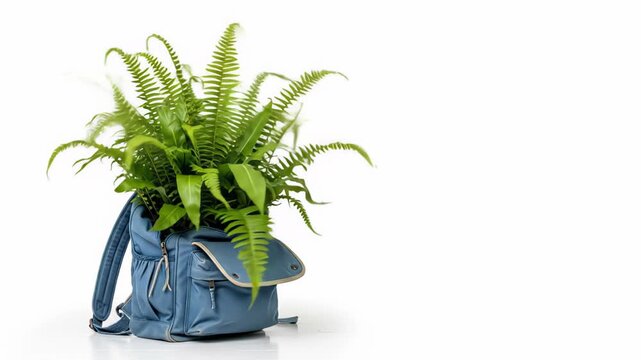 Conceptual cinemagraph of a green fern plant in a blue backpack isolated on a white background with moving leaves
