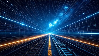 Futuristic train tracks through a digital tunnel