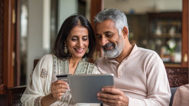 Happy couple engages in online shopping using a tablet while sitting comfortably on a sofa in their bright and inviting living room during the afternoon.