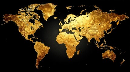 A detailed world map features continents and countries highlighted in a shimmering gold hue against a stark black background. This artistic representation enhances geographical understanding.