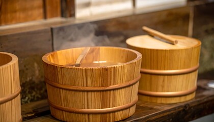 Wooden tubs filled with steaming water