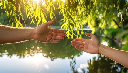 Two outstretched hands meeting under a canopy of leaves by a lake