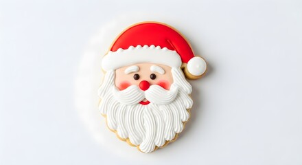 A charming Santa Claus cookie is decorated with white icing for his beard and mustache, red icing for his hat, and rosy cheeks, creating a festive and delightful holiday treat for Christmas.

