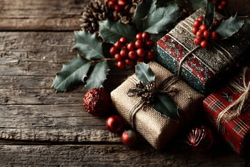 Top above high angle view photo of composition of festive objects giftboxes mistletoe berry christmas tree leaves ornaments laying on wooden brown table background