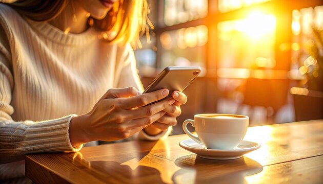 Woman Using Smartphone with Coffee Cup on Wooden Table in Sunlight