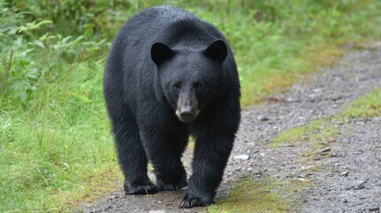 A large black bear strolls down a gravel path lined with greenery under soft sunlight. The animal appears calm exploring its surroundings in a peaceful forest environment.