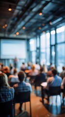 High quality image of blurred image of audience at a conference listening to a speaker on stage.